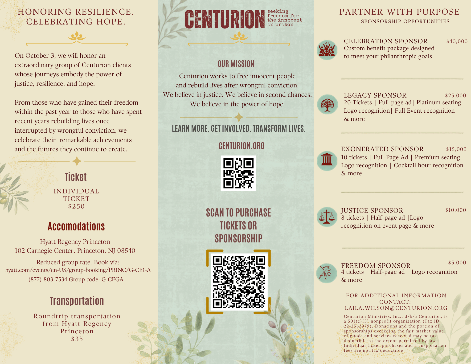 Back of the 2026 Gala invitation, listing sponsorship levels.